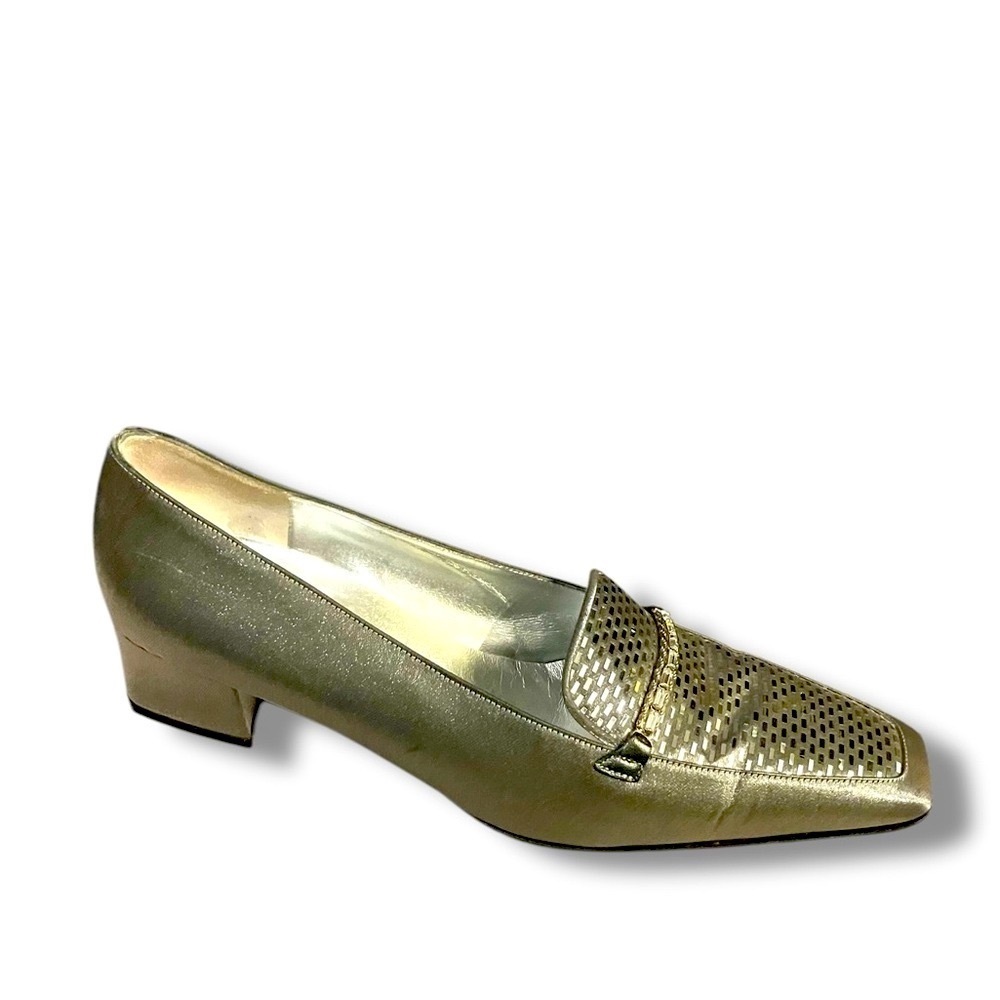 St. John Silver Metallic Square Toe Loafers Size 9M Block Heel Designer Shoes - Picture 3 of 11